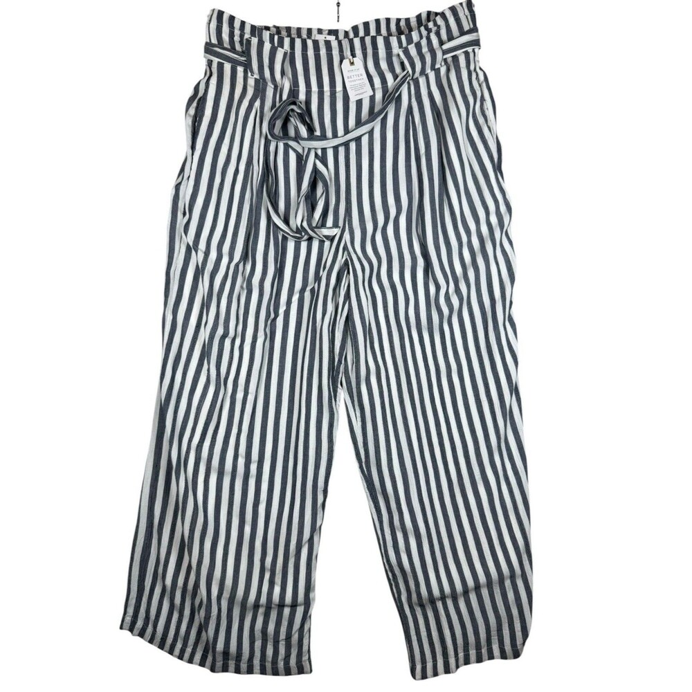 American Eagle Linen Look Wide Leg Striped Pants Tie Waist Women's L NWT Coastal